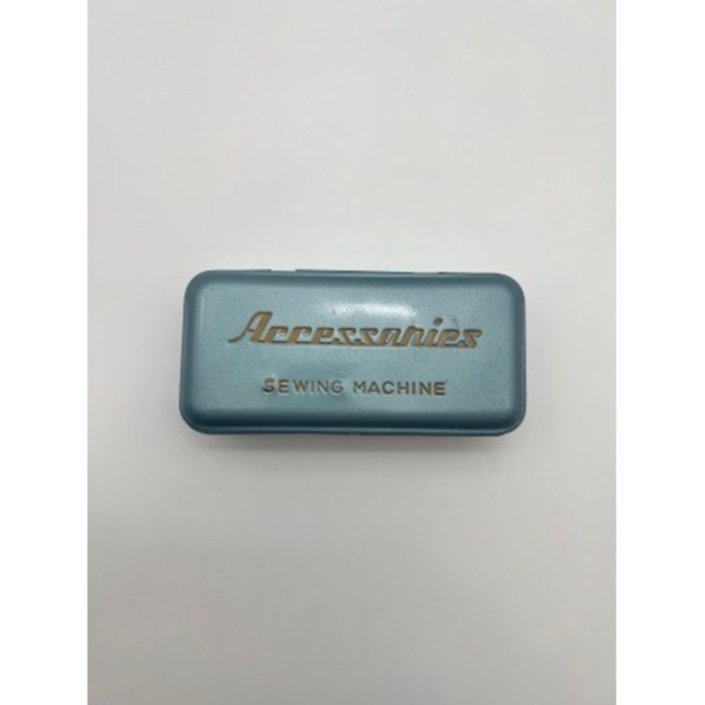 Vintage Sewing Machine Accessory Kit Metallic Blue Tin Bobbins Feet Needles